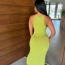 Vestido Longo Slim Fit de Verão 2024 com Decote Redondo Sem Mangas em Cor Sólida Estilo Europeu e Americano com Fendas Laterais