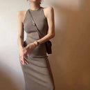 Vestido feminino com gola alta sem mangas Lucyever, sexy fora do ombro, vestidos bodycon divididos, vestido longo de malha vintage fino, verão