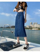 Saia Jeans Feminina Midi Modeladora Casual de Cintura Alta Vintage com Fenda Lateral A-Line Bodycon Confortável de Algodão