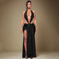 Florora luxo oco sem costas maxi vestido mulher sexy halter profundo decote em v sem mangas ruched retalhos vestidos chique festa clubwear
