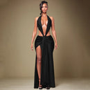 Florora luxo oco sem costas maxi vestido mulher sexy halter profundo decote em v sem mangas ruched retalhos vestidos chique festa clubwear