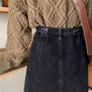 Saia Jeans Feminina Midi Modeladora Casual de Cintura Alta Vintage com Fenda Lateral A-Line Bodycon Confortável de Algodão