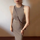 Vestido feminino com gola alta sem mangas Lucyever, sexy fora do ombro, vestidos bodycon divididos, vestido longo de malha vintage fino, verão