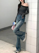 Calça Jeans Feminina Azul Retrô Americana Plus Size com Cintura Alta, Efeito Modelador, Perna Larga e Barra Evasê, Nova Coleç...