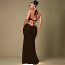 Florora luxo oco sem costas maxi vestido mulher sexy halter profundo decote em v sem mangas ruched retalhos vestidos chique festa clubwear