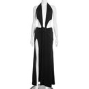 Florora luxo oco sem costas maxi vestido mulher sexy halter profundo decote em v sem mangas ruched retalhos vestidos chique festa clubwear