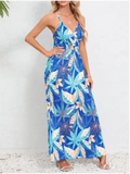 Vestido estampado sem mangas com decote em v feminino, boêmio, sem encosto, colete, elegante, férias, vestidos longos