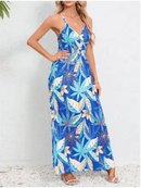 Vestido estampado sem mangas com decote em v feminino, boêmio, sem encosto, colete, elegante, férias, vestidos longos