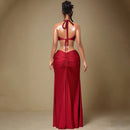 Florora luxo oco sem costas maxi vestido mulher sexy halter profundo decote em v sem mangas ruched retalhos vestidos chique festa clubwear