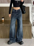 Calça Jeans Feminina Americana Retrô Azul Boca de Sino, Estilo High Street, Sexy, Modeladora, Comprida, Perna Larga, Comprimento até o Chão, em Poliéster e Denim