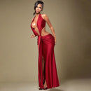 Florora luxo oco sem costas maxi vestido mulher sexy halter profundo decote em v sem mangas ruched retalhos vestidos chique festa clubwear