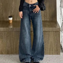 Calça Jeans Feminina Americana Retrô Azul Boca de Sino, Estilo High Street, Sexy, Modeladora, Comprida, Perna Larga, Comprimento até o Chão, em Poliéster e Denim