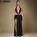 Florora luxo oco sem costas maxi vestido mulher sexy halter profundo decote em v sem mangas ruched retalhos vestidos chique festa clubwear