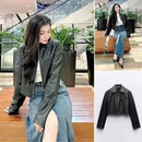 Moda curta jaqueta de motociclista feminina couro falso turn-down colarinho zíper estilo rua solto ajuste manga longa casaco de inverno