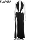 Florora luxo oco sem costas maxi vestido mulher sexy halter profundo decote em v sem mangas ruched retalhos vestidos chique festa clubwear