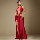 Florora luxo oco sem costas maxi vestido mulher sexy halter profundo decote em v sem mangas ruched retalhos vestidos chique festa clubwear