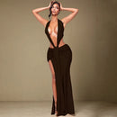 Florora luxo oco sem costas maxi vestido mulher sexy halter profundo decote em v sem mangas ruched retalhos vestidos chique festa clubwear