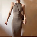 Vestido feminino com gola alta sem mangas Lucyever, sexy fora do ombro, vestidos bodycon divididos, vestido longo de malha vintage fino, verão