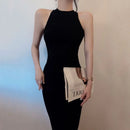 Vestido feminino com gola alta sem mangas Lucyever, sexy fora do ombro, vestidos bodycon divididos, vestido longo de malha vintage fino, verão