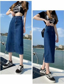 Saia Jeans Feminina Midi Modeladora Casual de Cintura Alta Vintage com Fenda Lateral A-Line Bodycon Confortável de Algodão