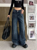 Calça Jeans Feminina Americana Retrô Azul Boca de Sino, Estilo High Street, Sexy, Modeladora, Comprida, Perna Larga, Comprimento até o Chão, em Poliéster e Denim