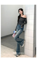 Calça Jeans Feminina Azul Retrô Americana Plus Size com Cintura Alta, Efeito Modelador, Perna Larga e Barra Evasê, Nova Coleç...