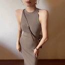 Vestido feminino com gola alta sem mangas Lucyever, sexy fora do ombro, vestidos bodycon divididos, vestido longo de malha vintage fino, verão