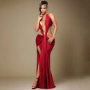 Florora luxo oco sem costas maxi vestido mulher sexy halter profundo decote em v sem mangas ruched retalhos vestidos chique festa clubwear