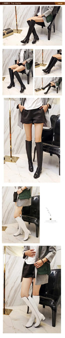 Botas altas no joelho para mulheres, sapatos pretos longos, saltos grossos, quentes, elegantes, senhoras, outono, inverno
