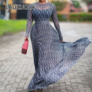 Sexy carta impressão transparente malha sheer vestido 2025 nova moda outono inverno elegante manga longa clube festa vestidos longos
