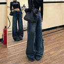 Calça Jeans Feminina Americana Retrô Azul Boca de Sino, Estilo High Street, Sexy, Modeladora, Comprida, Perna Larga, Comprimento até o Chão, em Poliéster e Denim