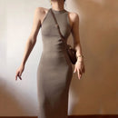 Vestido feminino com gola alta sem mangas Lucyever, sexy fora do ombro, vestidos bodycon divididos, vestido longo de malha vintage fino, verão