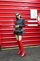 Botas altas no joelho para mulheres, sapatos pretos longos, saltos grossos, quentes, elegantes, senhoras, outono, inverno