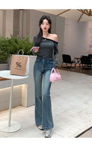 Calça Jeans Feminina Azul Retrô Americana Plus Size com Cintura Alta, Efeito Modelador, Perna Larga e Barra Evasê, Nova Coleç...