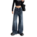 Calça Jeans Feminina Americana Retrô Azul Boca de Sino, Estilo High Street, Sexy, Modeladora, Comprida, Perna Larga, Comprimento até o Chão, em Poliéster e Denim