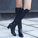 Botas altas no joelho para mulheres, sapatos pretos longos, saltos grossos, quentes, elegantes, senhoras, outono, inverno