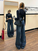 Calça Jeans Feminina Americana Retrô Azul Boca de Sino, Estilo High Street, Sexy, Modeladora, Comprida, Perna Larga, Comprimento até o Chão, em Poliéster e Denim