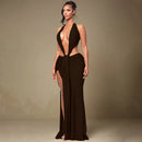 Florora luxo oco sem costas maxi vestido mulher sexy halter profundo decote em v sem mangas ruched retalhos vestidos chique festa clubwear