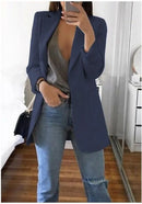 Cardigan feminino europeu e americano, com lapela, corte slim, elegante, manga comprida, estilo blazer.