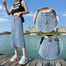 Saia Jeans Feminina Midi Modeladora Casual de Cintura Alta Vintage com Fenda Lateral A-Line Bodycon Confortável de Algodão