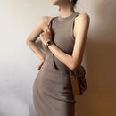 Vestido feminino com gola alta sem mangas Lucyever, sexy fora do ombro, vestidos bodycon divididos, vestido longo de malha vintage fino, verão