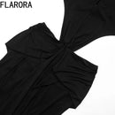Florora luxo oco sem costas maxi vestido mulher sexy halter profundo decote em v sem mangas ruched retalhos vestidos chique festa clubwear