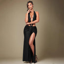 Florora luxo oco sem costas maxi vestido mulher sexy halter profundo decote em v sem mangas ruched retalhos vestidos chique festa clubwear
