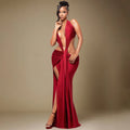 Florora luxo oco sem costas maxi vestido mulher sexy halter profundo decote em v sem mangas ruched retalhos vestidos chique festa clubwear