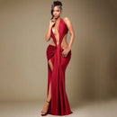 Florora luxo oco sem costas maxi vestido mulher sexy halter profundo decote em v sem mangas ruched retalhos vestidos chique festa clubwear