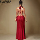 Florora luxo oco sem costas maxi vestido mulher sexy halter profundo decote em v sem mangas ruched retalhos vestidos chique festa clubwear