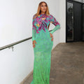 Sexy carta impressão transparente malha sheer vestido 2025 nova moda outono inverno elegante manga longa clube festa vestidos longos