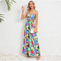 Vestido estampado sem mangas com decote em v feminino, boêmio, sem encosto, colete, elegante, férias, vestidos longos