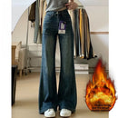 Calça Jeans Feminina Forrada com Fleece, Cintura Alta, Perna Larga, Modelo Flare, Grossa, Outono Inverno, Novo Estilo, Tamanhos Grandes, Confortável, Corte Reto
