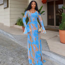 Sexy carta impressão transparente malha sheer vestido 2025 nova moda outono inverno elegante manga longa clube festa vestidos longos